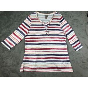 Chicos Shirt Tunic Womens Large 12 Red Purple Orange Striped Tie Front Beach